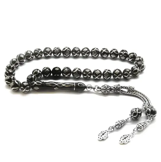 925 K Silver Tasselled Silver Engraved İstanbul Cut Erzurum Oltu Stone Prayer Beads
