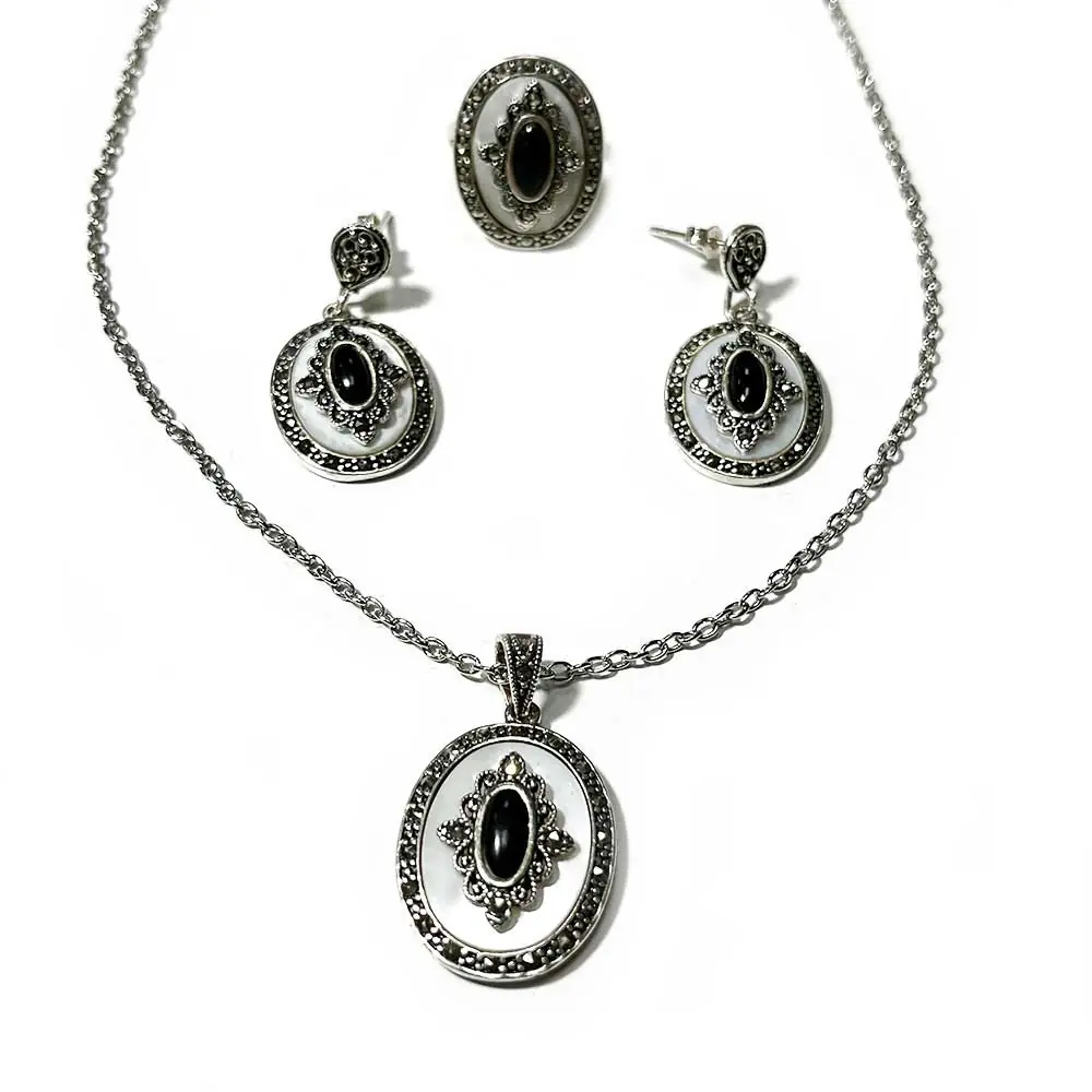 925 K Silver White Mother-of-Pearl & Oltu Stone-set Handcrafted Necklace Earrings Ring 3 lü Women's Set