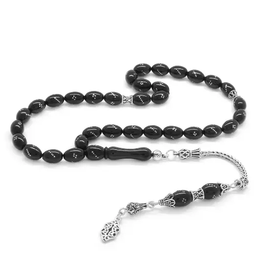 925 K Silver Tasselled Silver Hafif Engraved Arpa Cut Erzurum Oltu Stone Prayer Beads