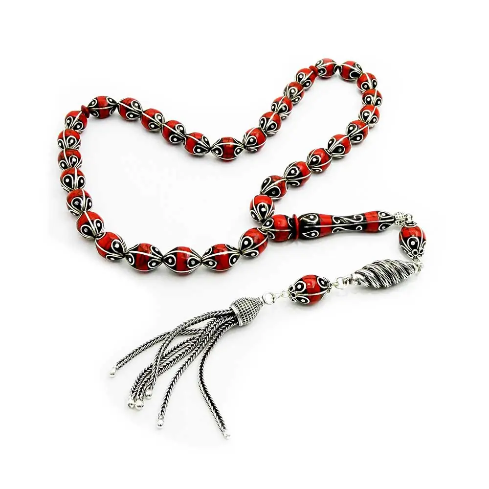 Silver Coral Engraved Premium Koleksiyonluk Erzurum Oltu Stone Prayer Beads