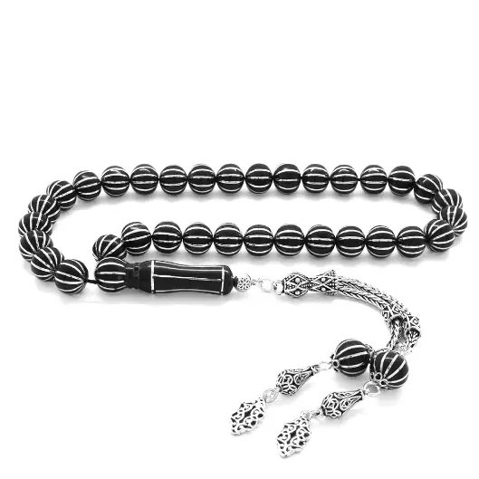 925 K Silver Tasselled Silver 12′li Karpuz Yarma Sphere Cut Erzurum Oltu Stone Prayer Beads