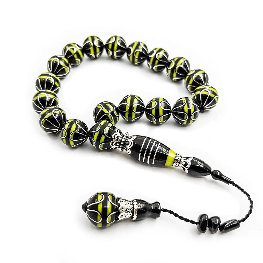 Silver & Yellow Amber Engraved 17 li Erzurum Oltu Stone Efe Stres Prayer Beads