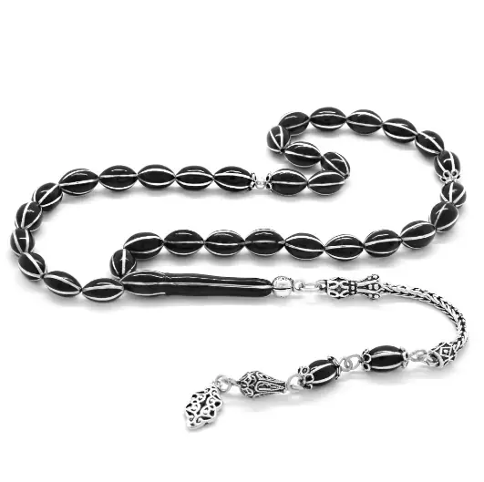 925 K Silver Tasselled Silver 6′lı Karpuz Yarma Erzurum Oltu Stone Prayer Beads