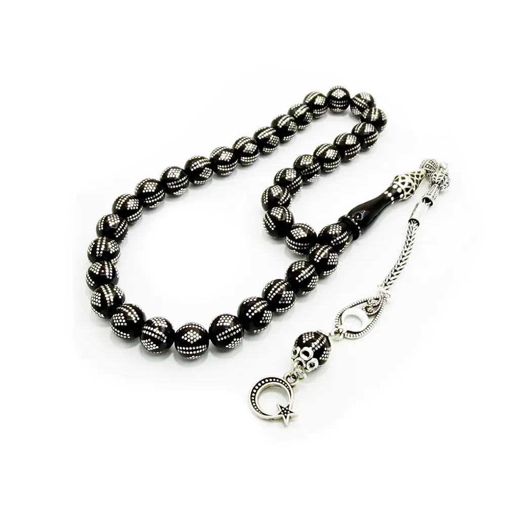 Silver Engraved Nakkaş İmameli Erzurum Oltu Stone Prayer Beads