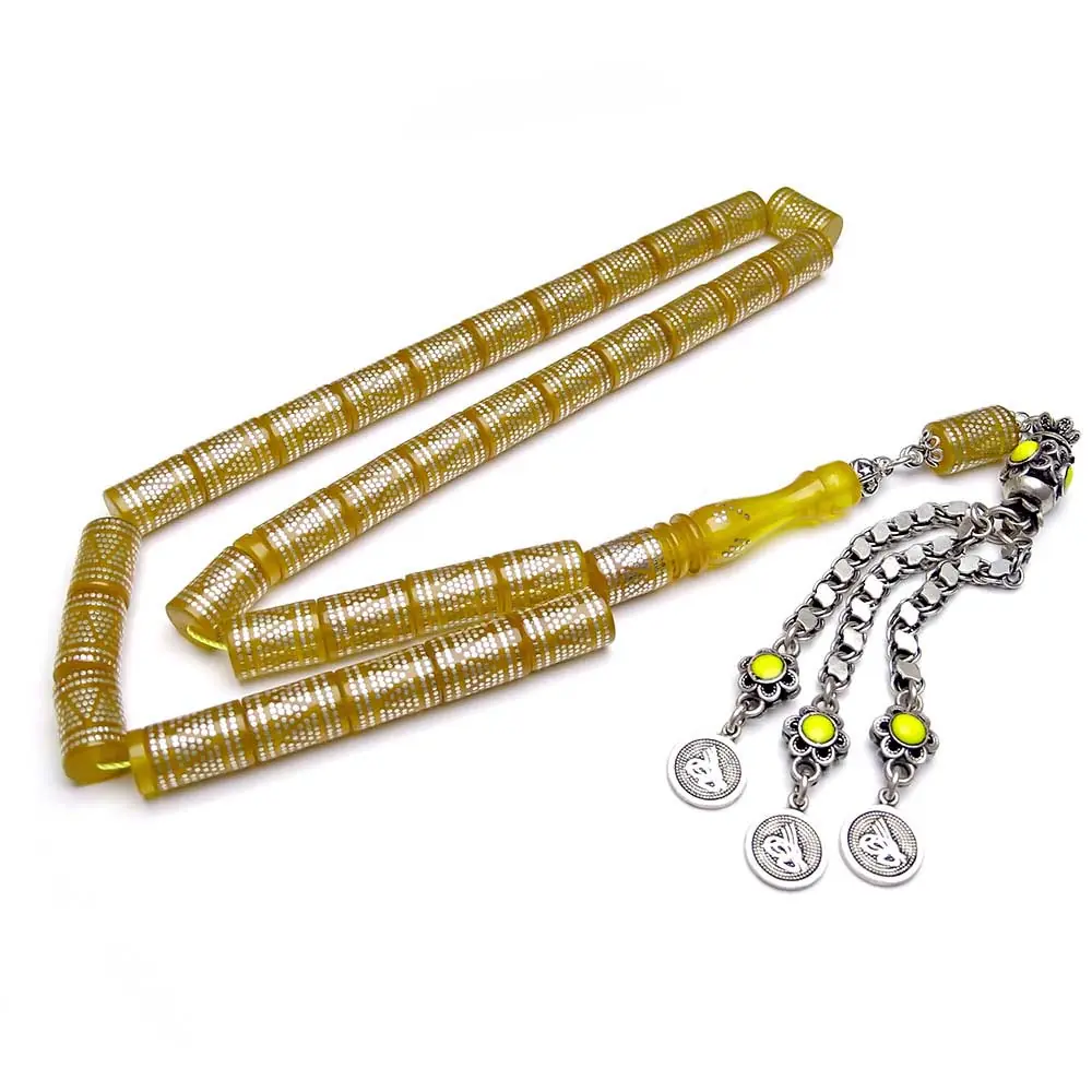 Yoğun Silver Engraved Koleksiyonluk Kesme Fire Amber Prayer Beads