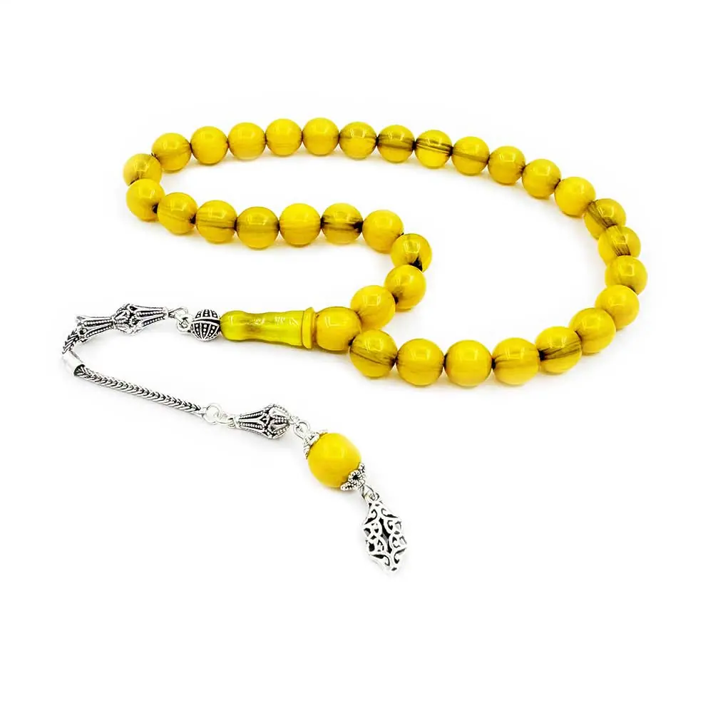 925 K Silver Tasselled Sphere Cut Drop Amber Prayer Beads
