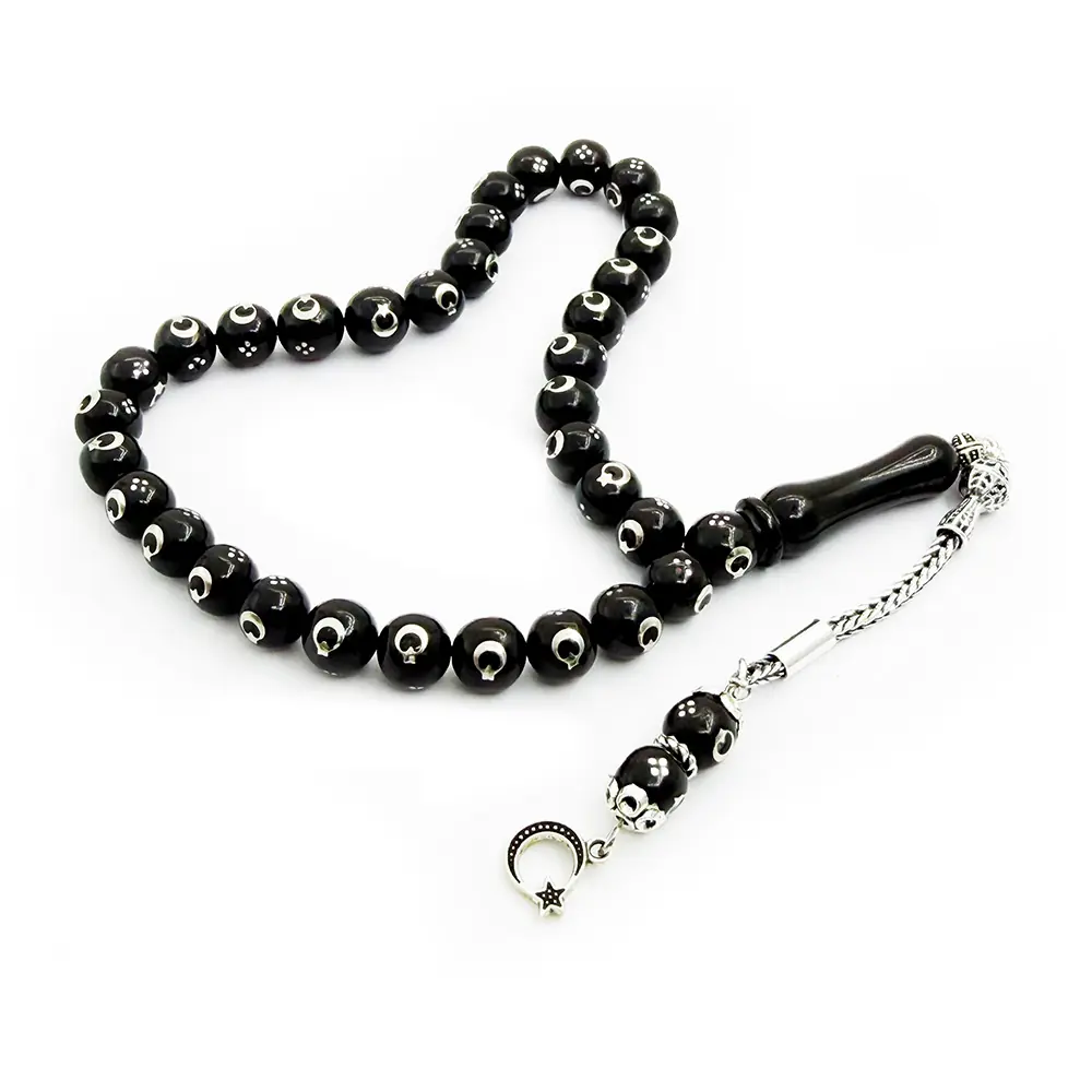Silver Star and Crescent Engraved Erzurum Oltu Stone Prayer Beads