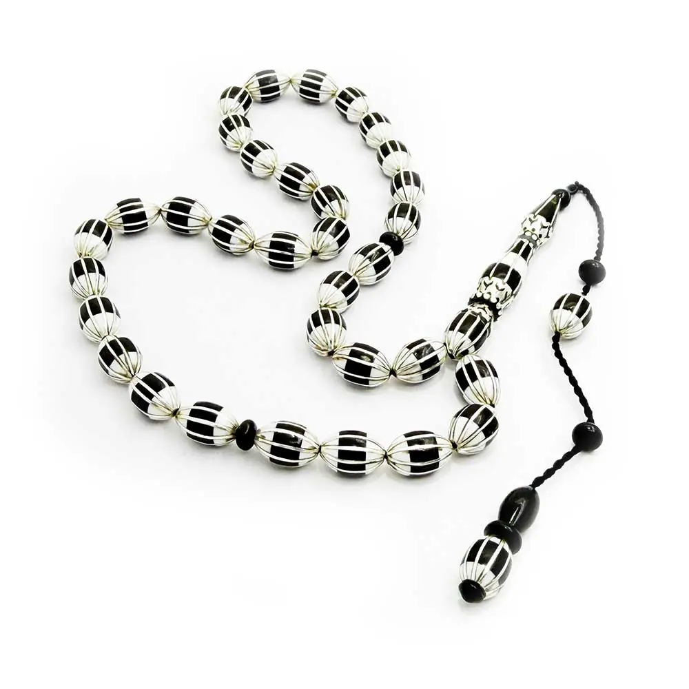 Silver 12 li Yarma & White Mother-of-Pearl Engraved Erzurum Oltu Stone Prayer Beads