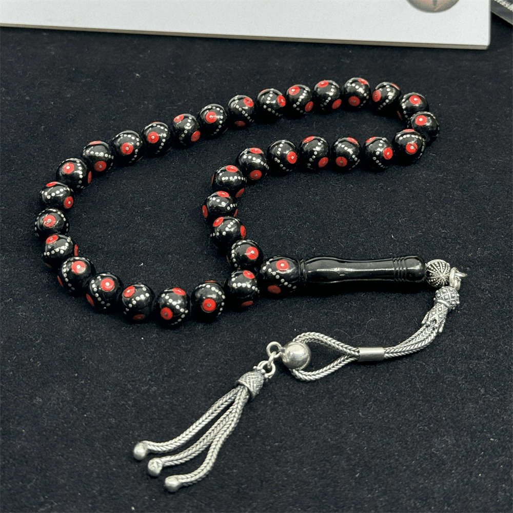 Silver Coral Embroidered Erzurum Oltu Stone Rosary