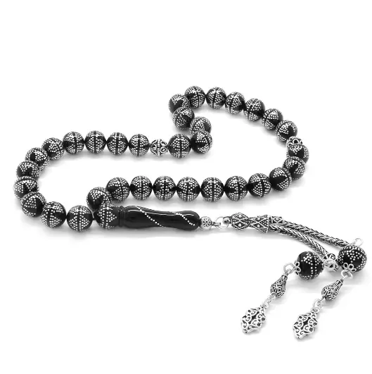925 K Silver Double Tasselled Yoğun Silver Star Engraved Sphere Cut Erzurum Oltu Stone Prayer Beads
