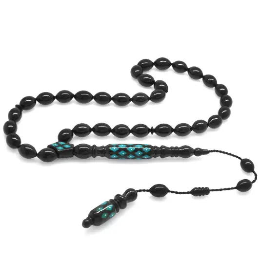 Sistemli Silver-Firuze Engraved Her Flake Kumpas Crafted Arpa Cut Erzurum Oltu Stone Prayer Beads