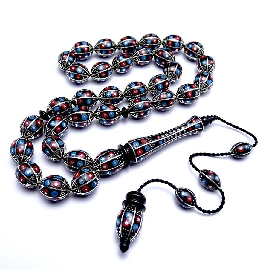 Silver Turquoise Coral Embroidered Collectible Erzurum Oltu Stone Prayer Beads