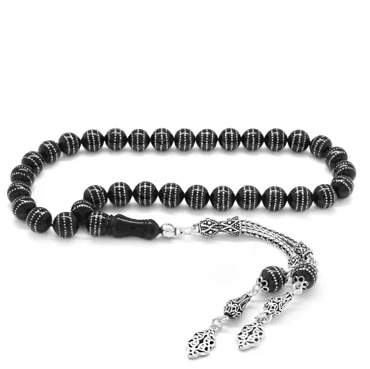 925 K Silver Tasselled Silver Triple Sırt Çevirme Sphere Cut Erzurum Oltu Stone Prayer Beads