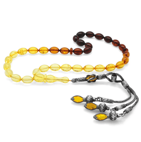 1000 Sterling Silver Tria Kazaz Tasseled Barley Cut Yellow - Red Drop Amber Rosary