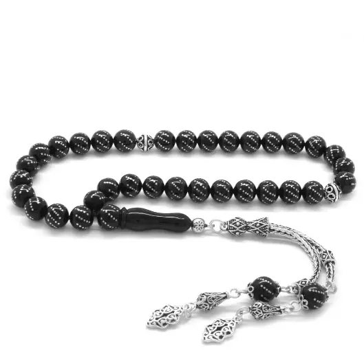 925 K Silver Double Tasselled Hafif Silver Engraved Sphere Cut Erzurum Oltu Stone Prayer Beads