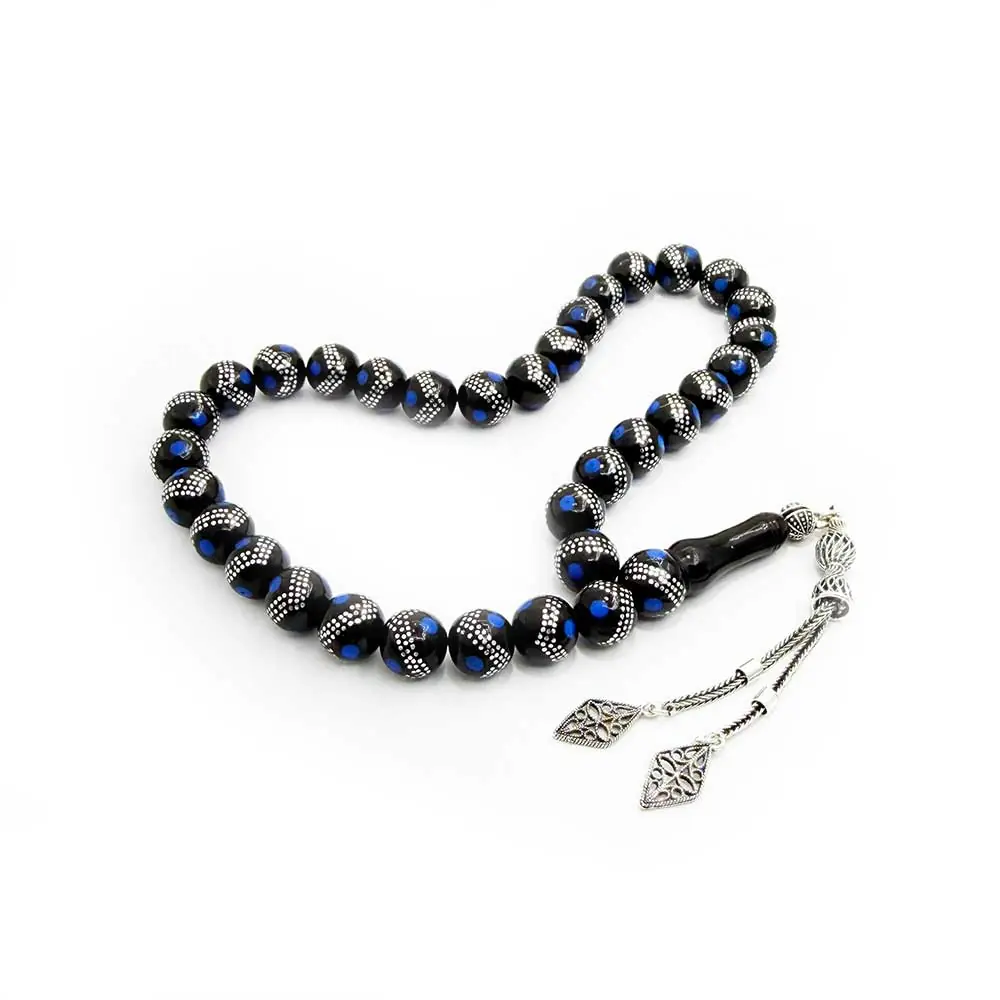 Silver & Turquoise Engraved Erzurum Oltu Stone Prayer Beads