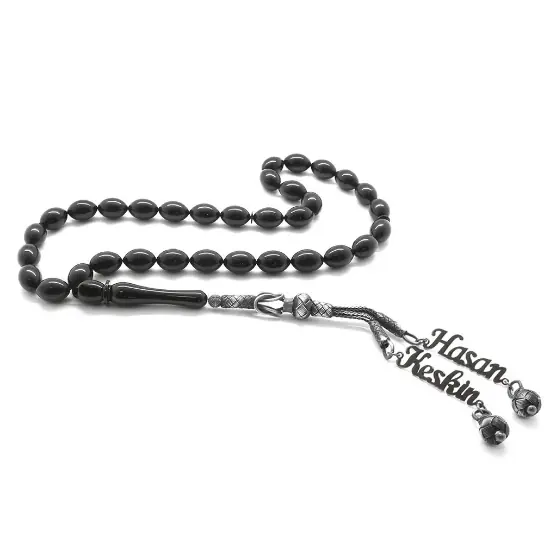 1000 K Double Kazaz Tasselled Arpa Cut Name Engraved Black Fire Amber Prayer Beads
