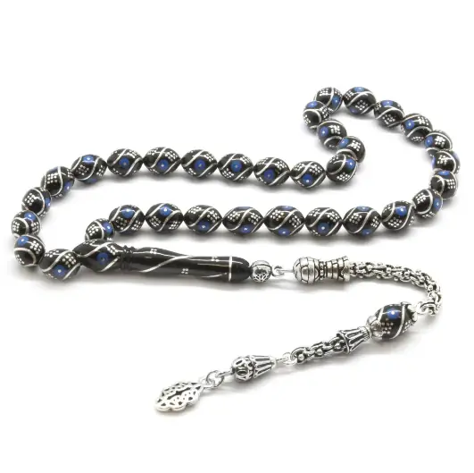 925 K Silver Arnavut Tasselled Silver-Firuze Engraved Erzurum Oltu Stone Prayer Beads