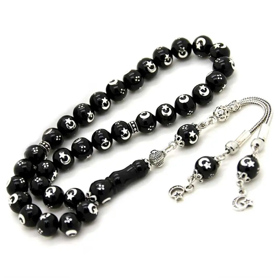 Silver Star and Crescent Engraved Erzurum Oltu Stone Prayer Beads
