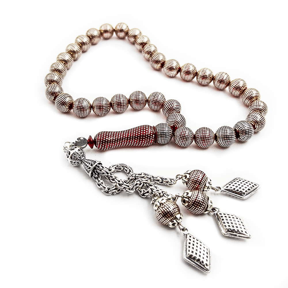 Intense Silver Embroidered Handcrafted Amber Prayer Beads