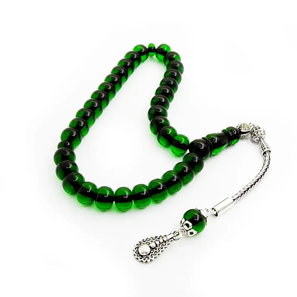 925 K Silver Tasselled Tekerlek Cut Green Fire Amber Prayer Beads