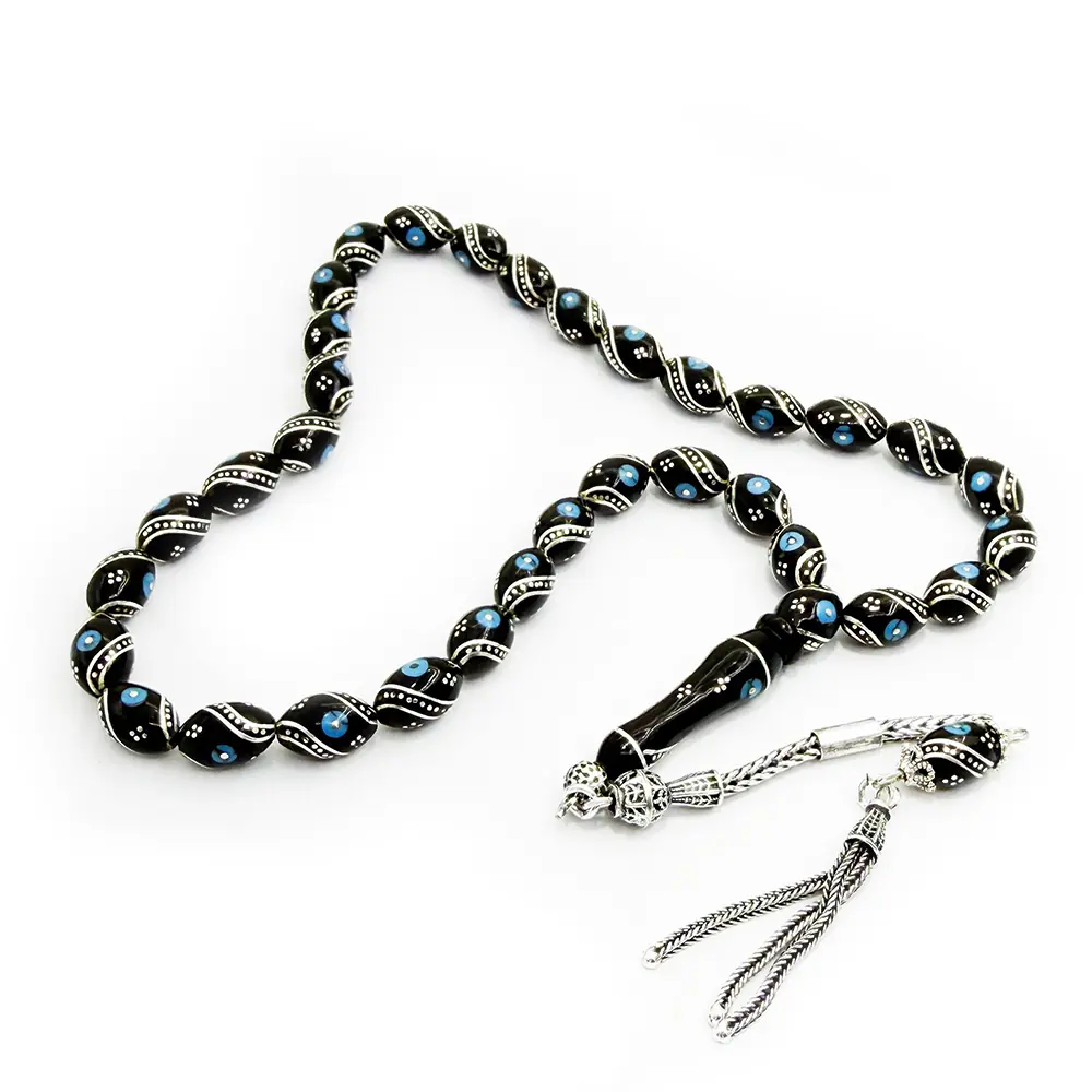 Silver Turquoise Usta Crafted Çeşmi Bülbül Engraved Erzurum Oltu Stone Prayer Beads