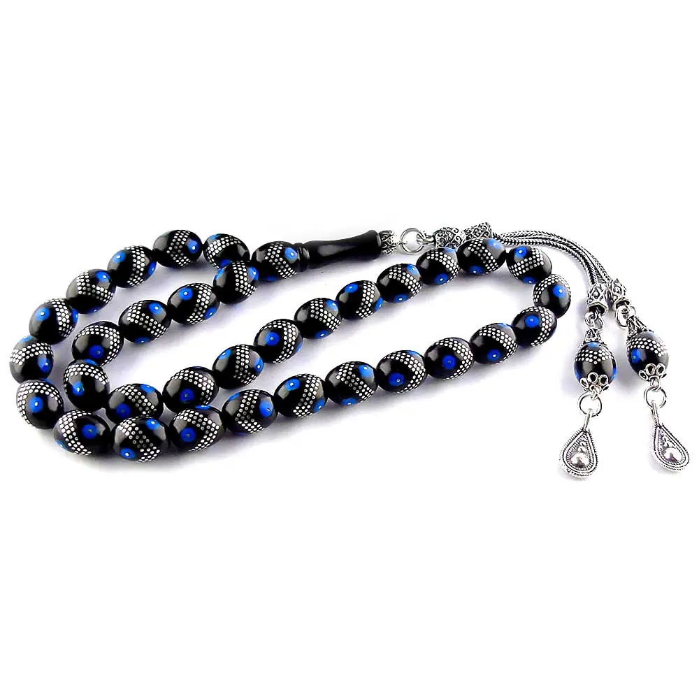 Silver Turquoise Engraved Erzurum Oltu Stone Prayer Beads