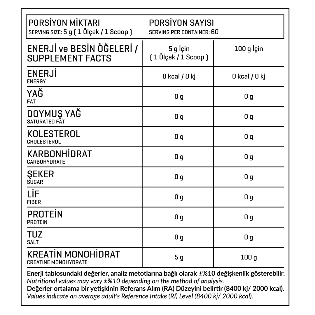 Kreatin , %100 Micronized Creatine Monohydrate 300g - 60 Servis