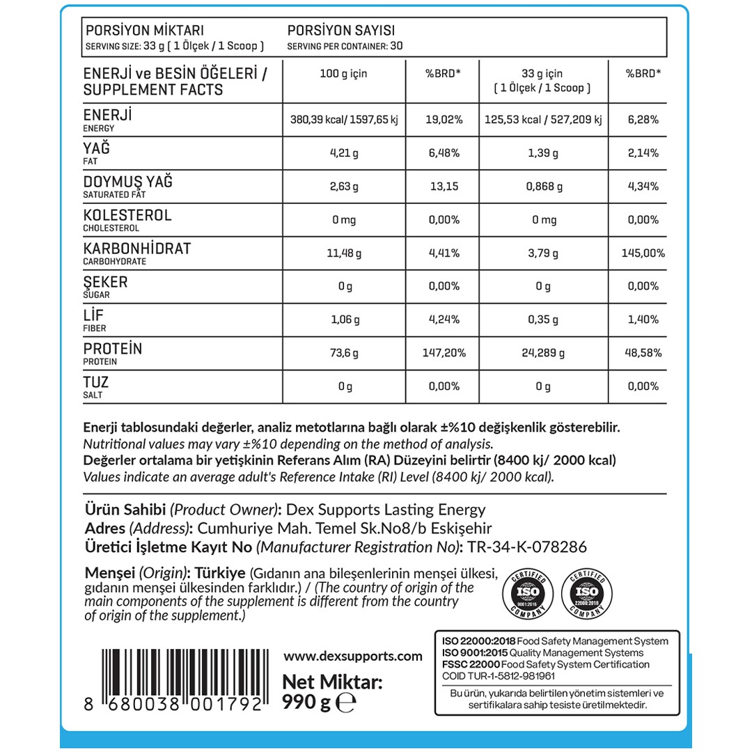 %100 Whey Protein Tozu, Sıfır Şeker , Laktaz Enzimi  30 Servis