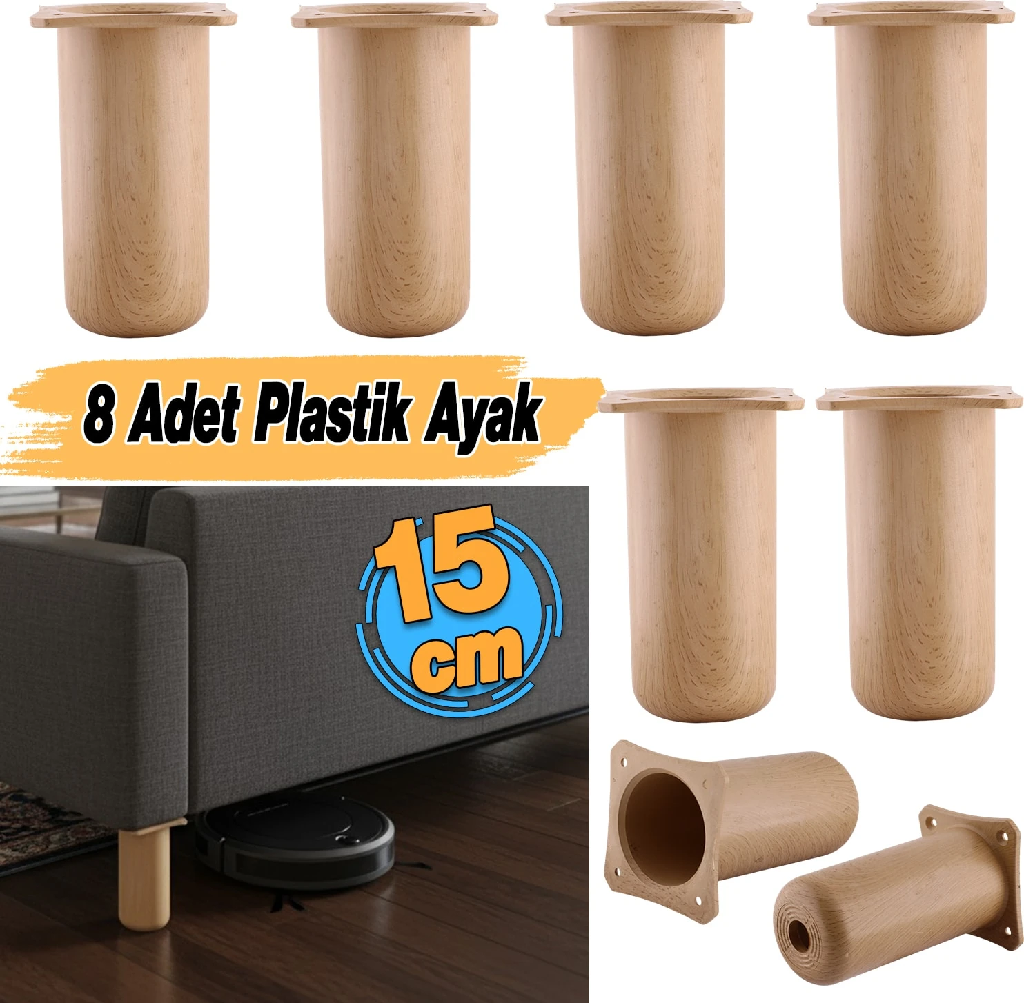 ( 8 Adet ) Plastik Liva Kayın Beji 15 cm Mobilya Kanepe Koltuk Yatak Baza Yükseltme Ayağı Ayakları
