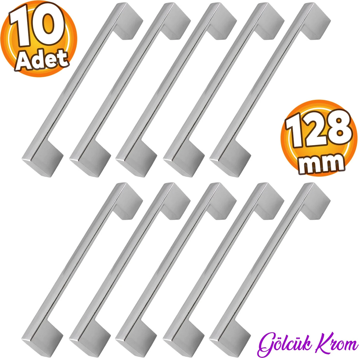 (10 ADET) Gölcük Düz Krom (128 Mm-12.8 cm) Metal Mobilya Mutfak Çekmece Dolap Dolabı Kapak Kulpu Kulbu Kulpları