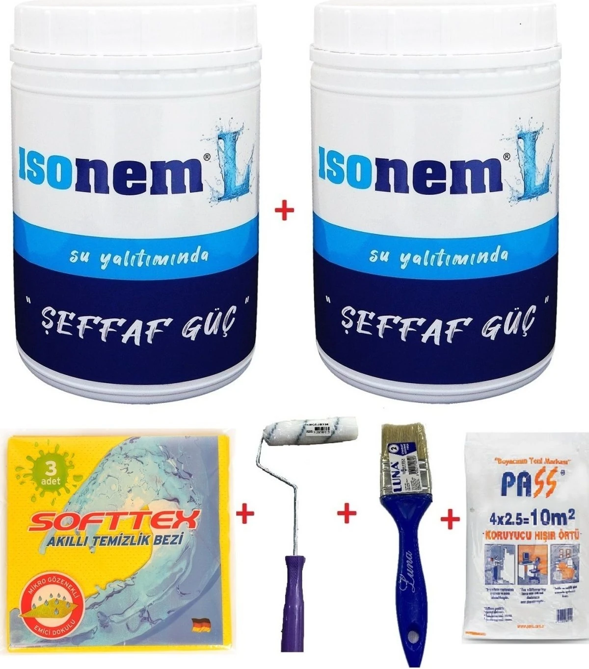 L Şeffaf Güç Su Yalıtımı (2 Adet) 1 kg Şeffaf Su Yalıtım + Epoksi Rulo + Fırça + Hışır Örtü + Softtex Temizlik Bezi