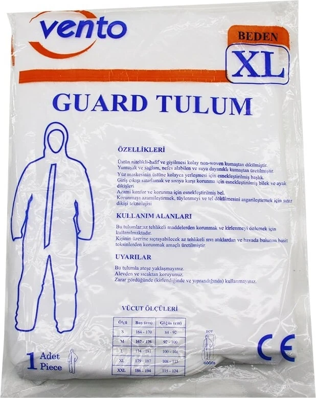 Vento Xl Guard Koruyucu Tulum Beyaz - Hafif - Non-Woven Kumaş Boy: 179-187CM - Göğüs: 108-115CM (5313)