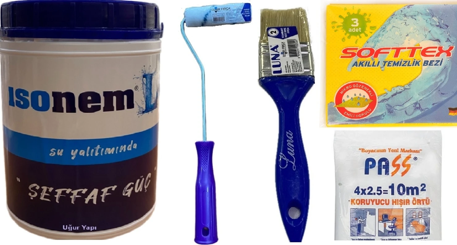 L Şeffaf Güç-Su Yalıtımı 1 kg Şeffaf Su Yalıtım Boyası + Epoksi Rulo + Fırça + Hışır Örtü