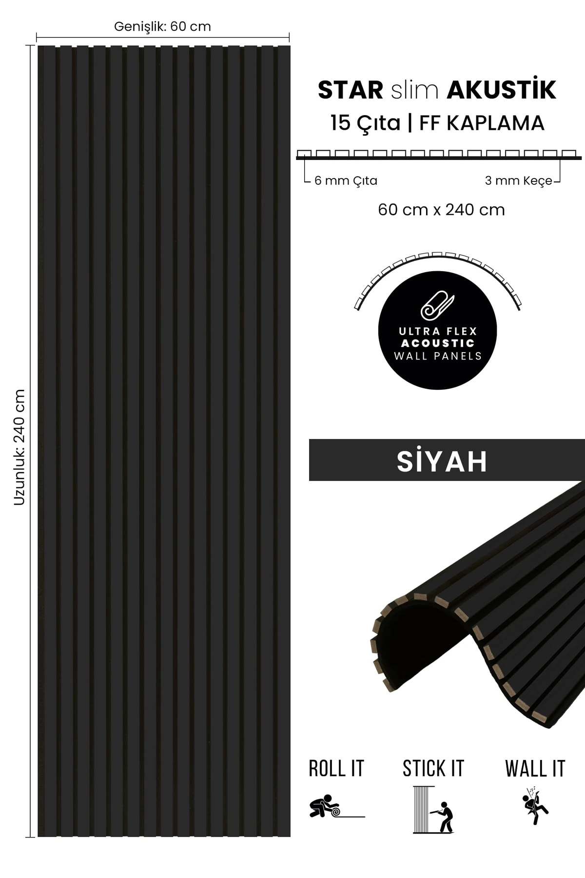 60x250 Cm Akustik Duvar Paneli Star Slim Flex Ff Kaplama Siyah - Ses Ve Isı Yalıtımı