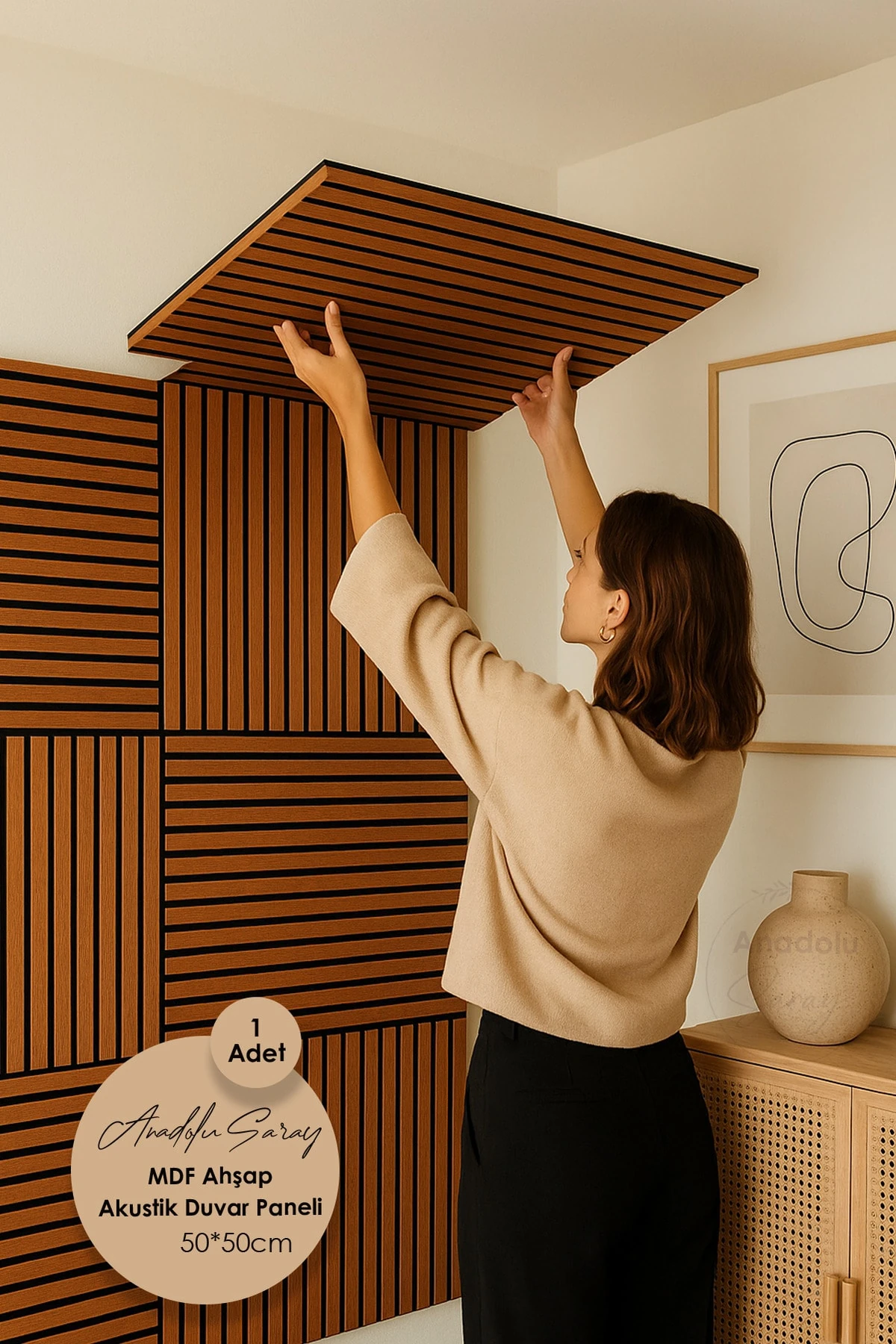 MDF Ahşap Akustik Duvar Paneli Keçeli 50*50cm MDF Lam – Salon & Ofis Dekoratif Çıta