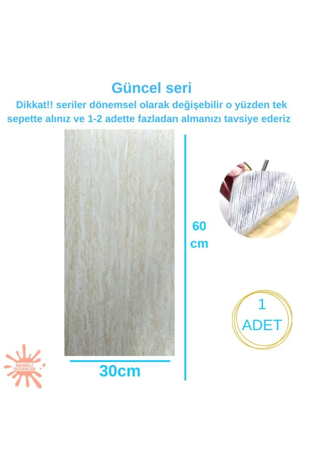 Shiny Hasır Mermer Desenli 60x30cm Yapışkanlı Mutfak Banyo Kaplama Duvar Paneli Kağıdı BS1741
