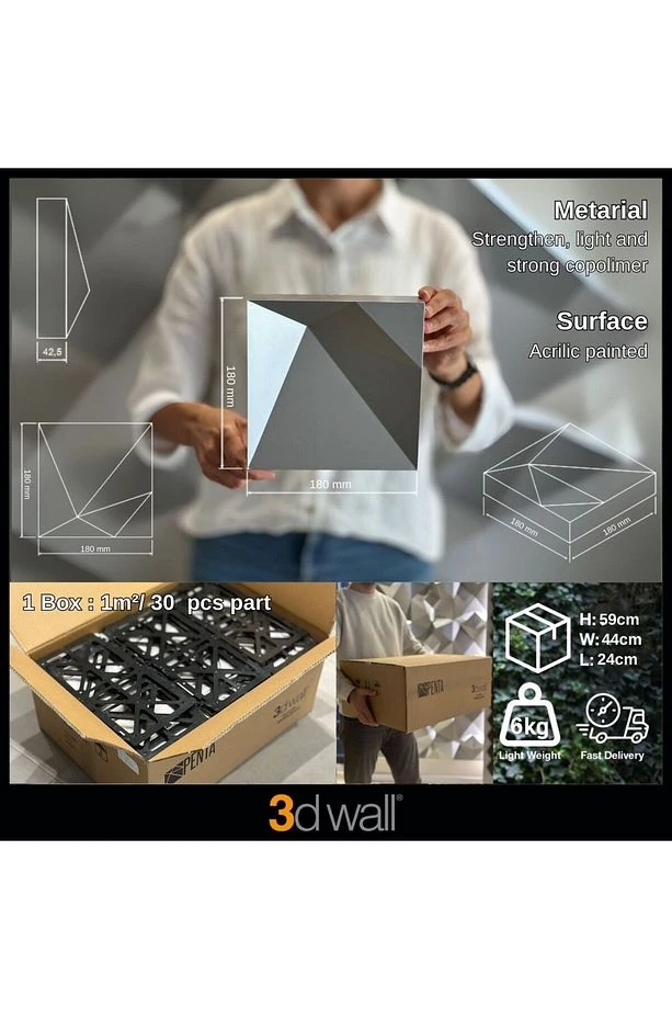 Penta 3 Boyutlu Dekoratif Duvar Paneli (1M2) (-SİYAH-)