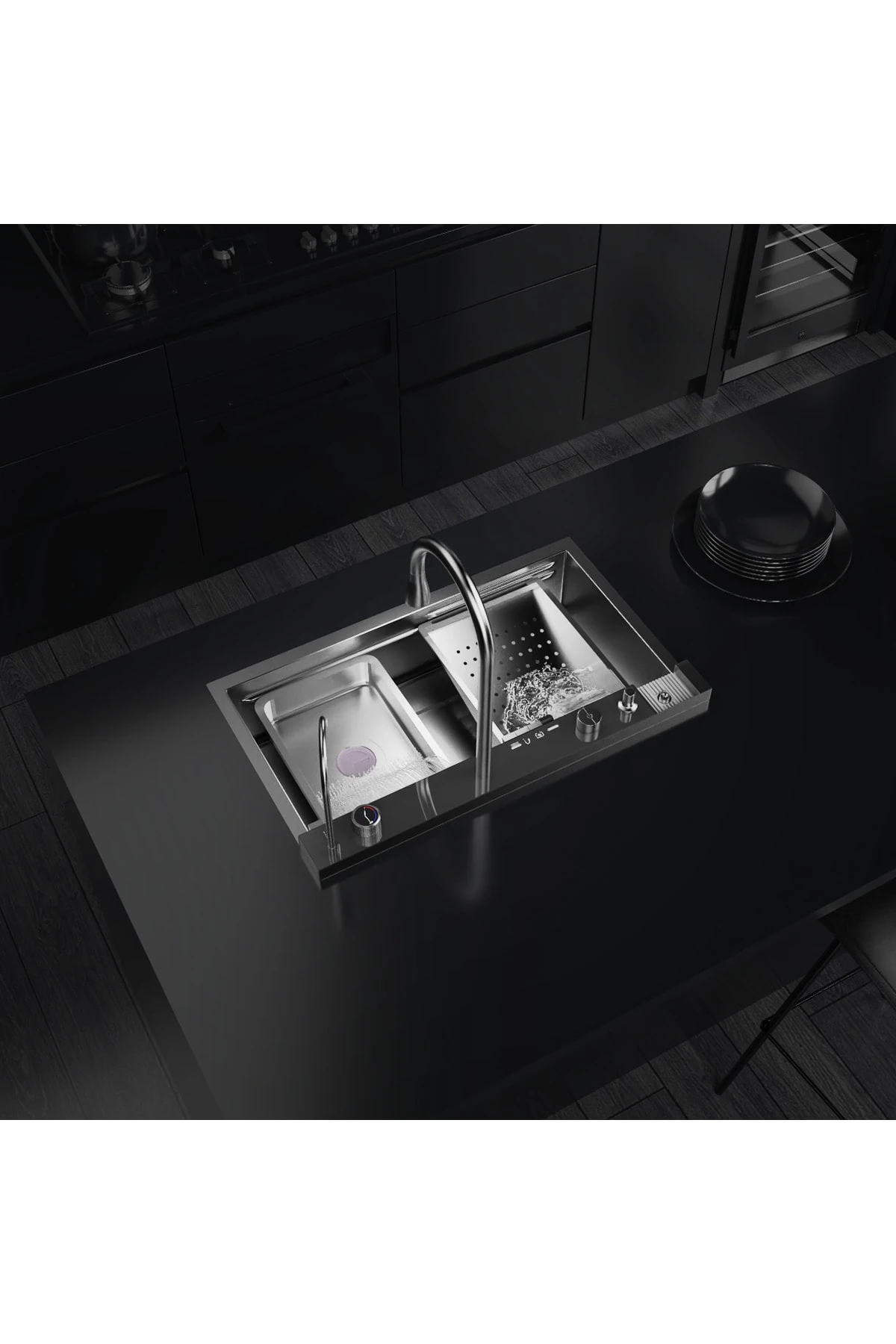 Dijital Lüks Şelale Tasarımlı Akıllı Eviye Antrasit. 75×45 cm Yerli Üretim.Fabrika'dan %