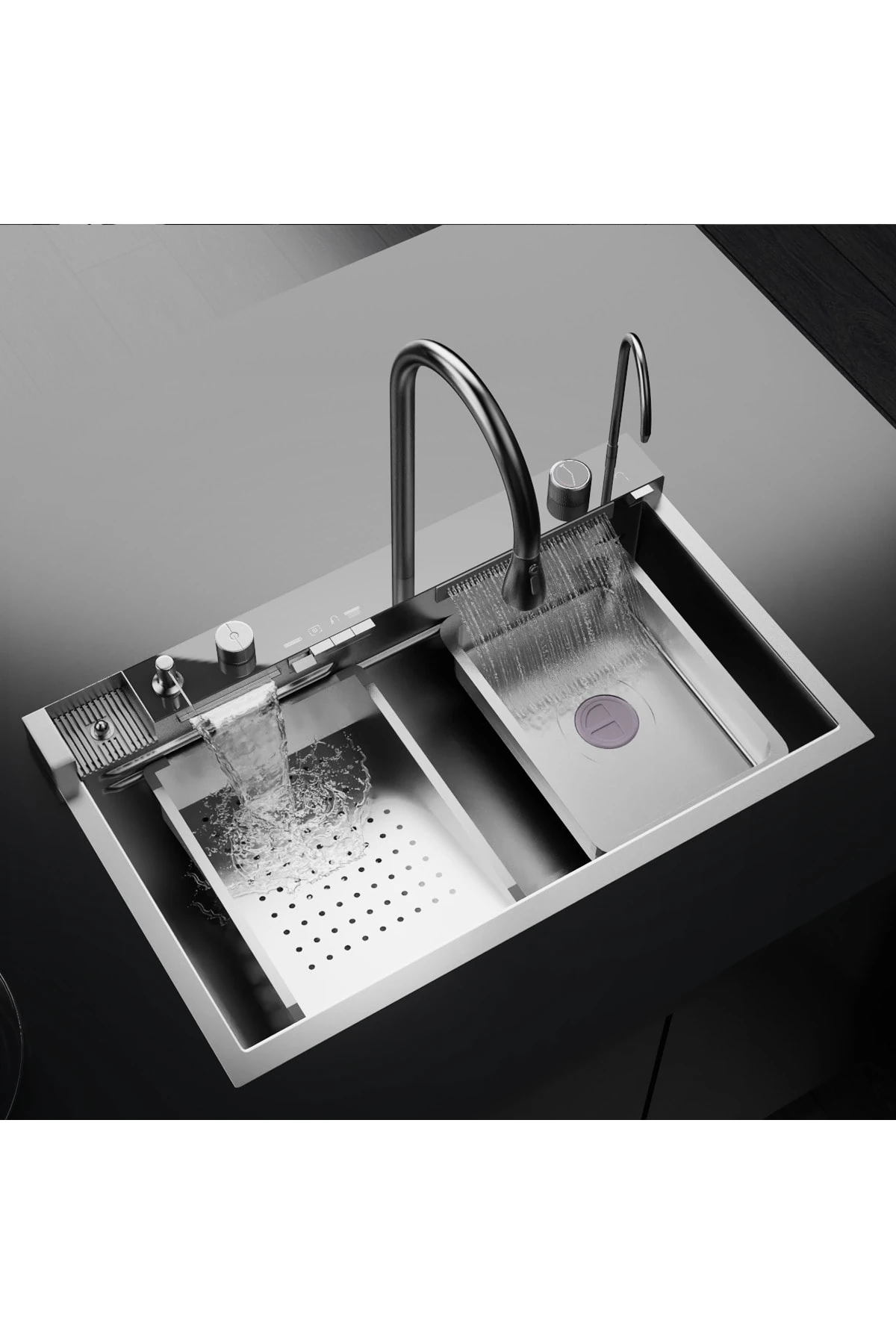 Dijital Lüks Şelale Tasarımlı Akıllı Eviye Antrasit. 75×45 cm Yerli Üretim.Fabrika'dan %