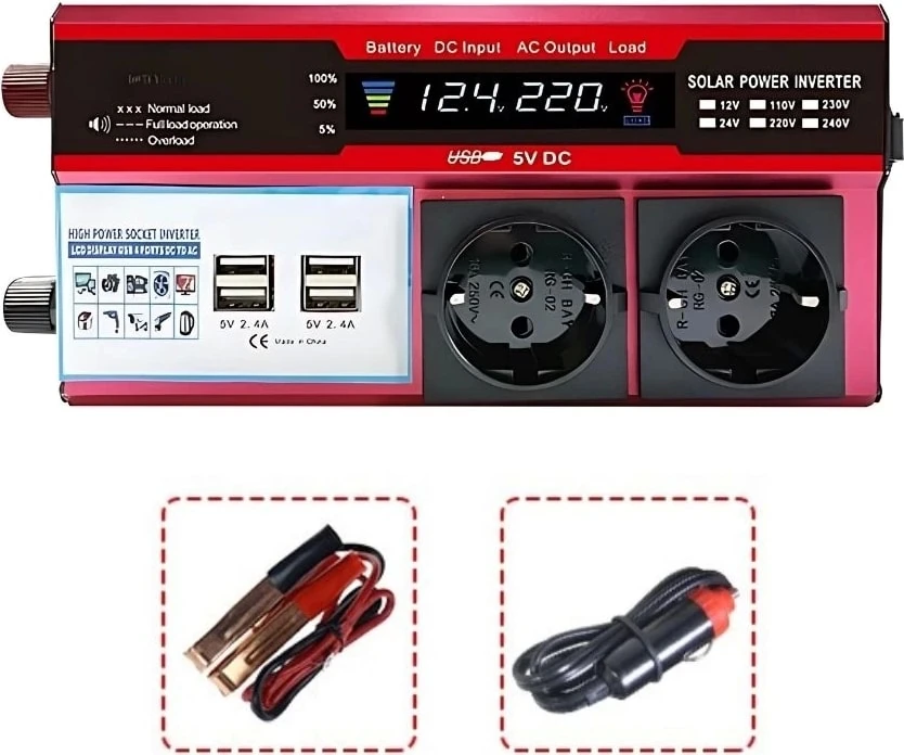 12V 2000W Modifiye Sinus Inverter Araç ve Güneş Enerjisi Uyumlu, Çift Usb, Çift Priz ve Çakmaklık