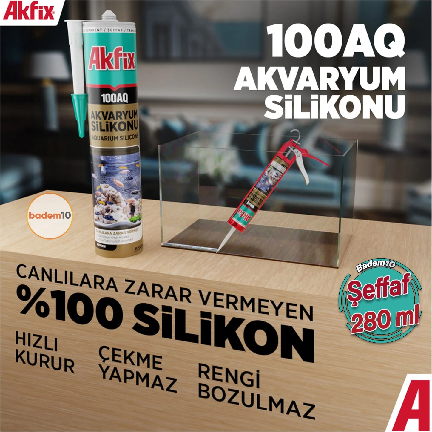 100AQ Akvaryum Sızdırmaz Silikonu Şeffaf Solvent Içermeyen Silikon 280 ml
