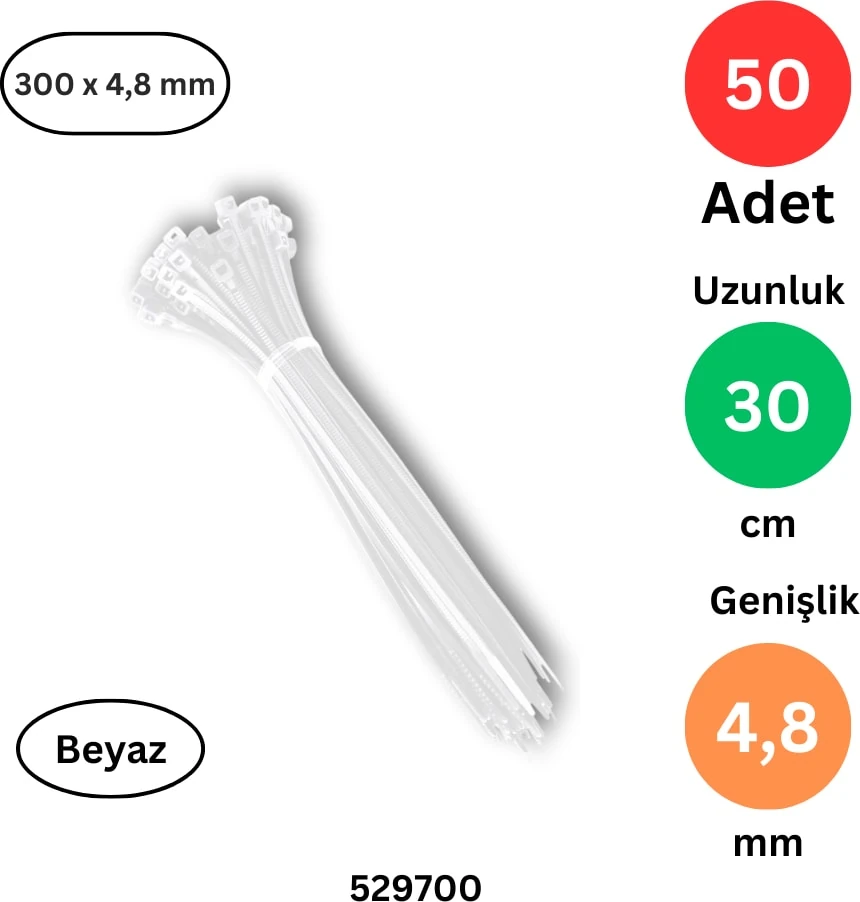 Plastik Kablo Bağı Klipsi Cırt Kelepçe 300 x 4.8 Beyaz 50 Adet