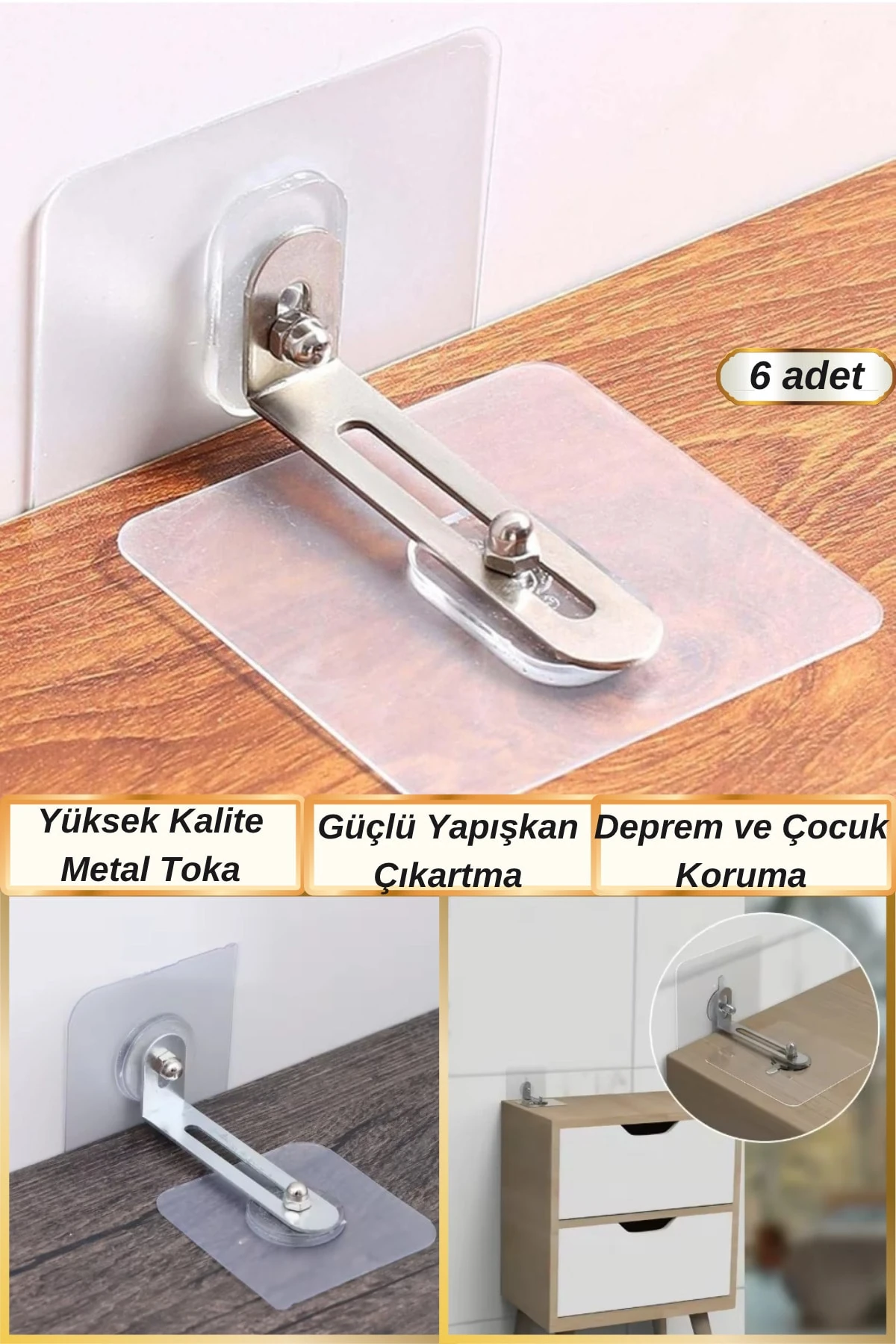6 Adet Kendinden Güçlü Yapışkanlı Mobilya Duvara Sabitleme Aparatı | Deprem Çocuk Koruma Aparatı