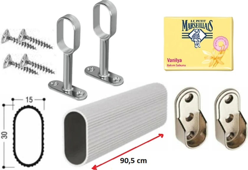 Dolap Içi Askılık Borusu Alüminyum Oval 90,5 Cm + 2 Adet Oval Ayaklı Flanş + 2 Adet Oval Sabit Flanş + Montaj Vidaları Set