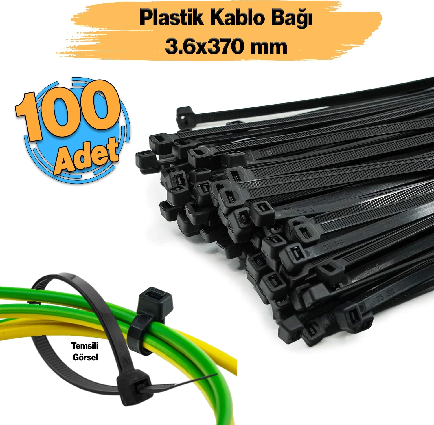 Cırt Kelepçe 3,6X370 mm Plastik 100 Adet Siyah Renk Zip Kablo Bağı Çok Amaçlı Bağlama Uzun