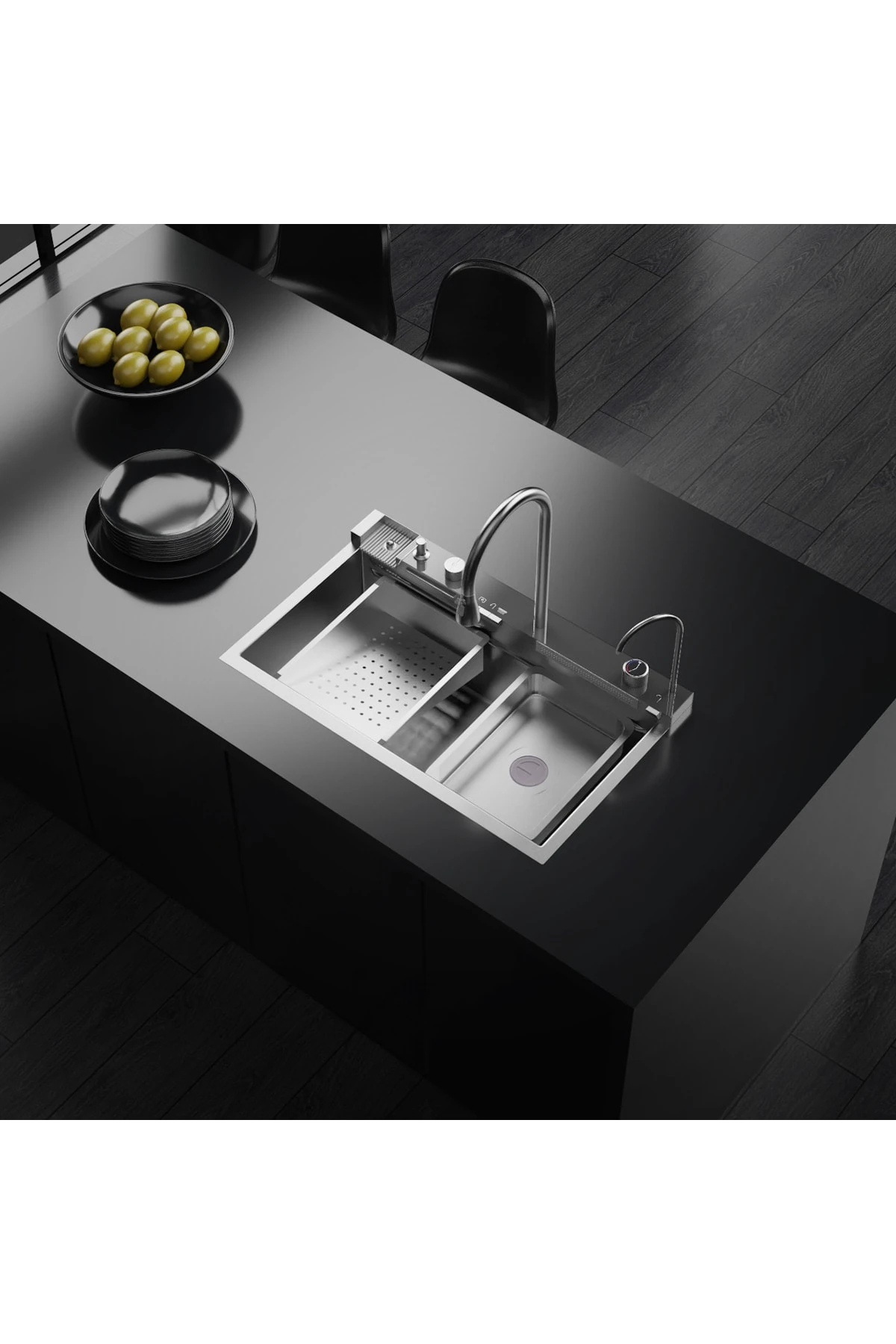 Dijital Lüks Şelale Tasarımlı Akıllı Eviye Antrasit. 75×45 cm Yerli Üretim.Fabrika'dan %