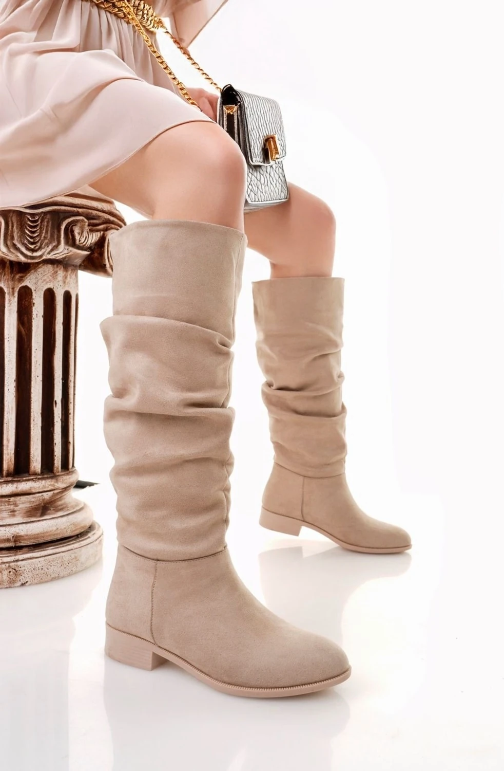 Winda Bej Süet Körüklü Çizme