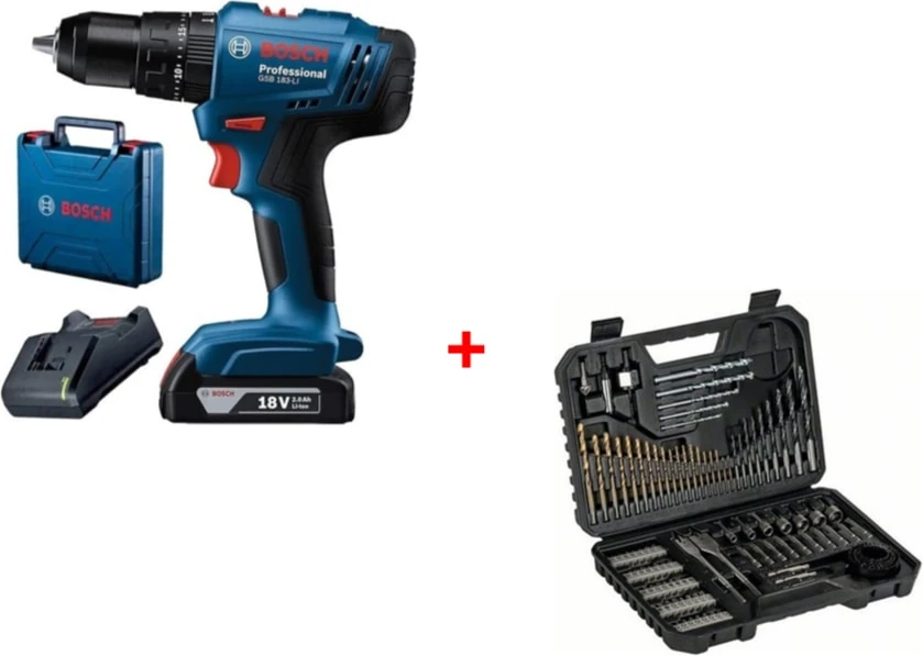 Gsb 183-LI 18V 2AH Darbeli Tek Akülü Vidalama Şarjlı Matkap ve 103 Parça Karışık Aksesuar Seti