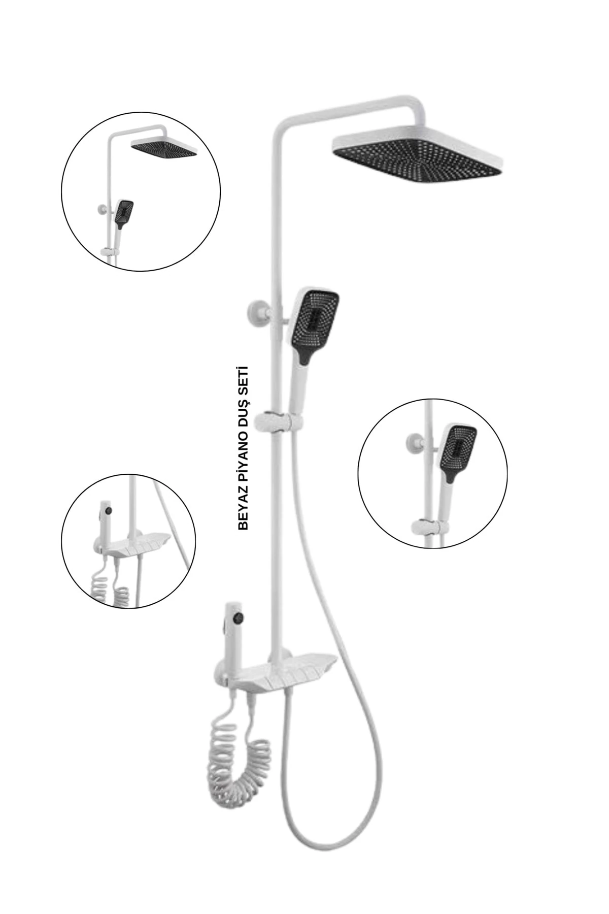 Lüks Piyano Duş Seti | Beyaz Modern Tasarım, Spiral El Duşu + Tepe Duş + Jet Fonksiyonlu Tuş Panel